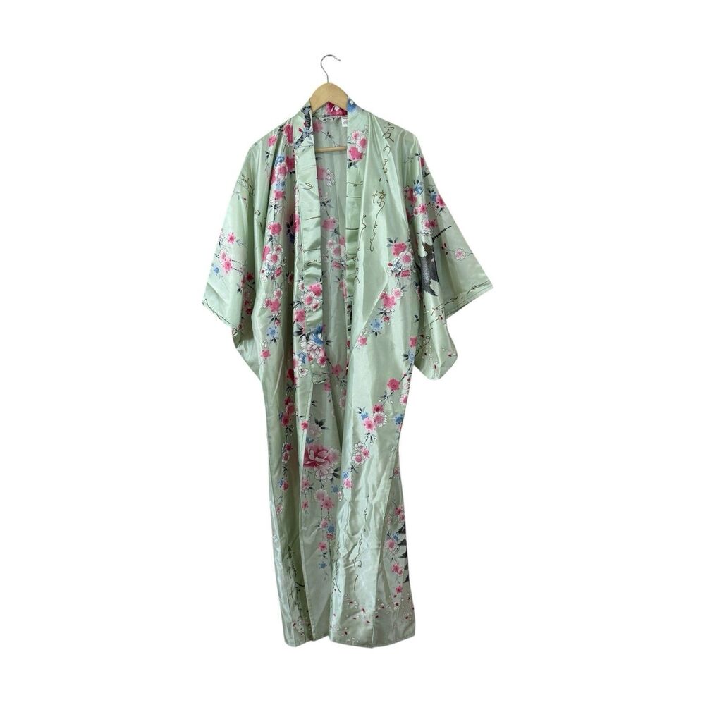 Vintage Japanese Juguemm Kimono Robe Floral Green Tie Waist Made In Japan READ